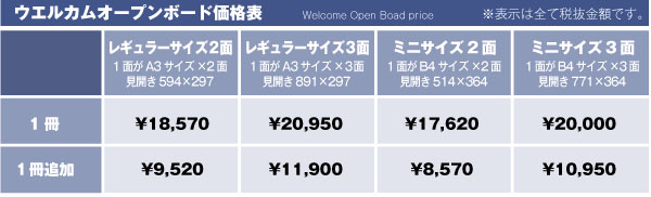 ウエルカムオープンボード価格表内容